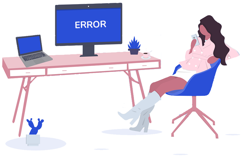 Person sitting next to a computer showing an error screen